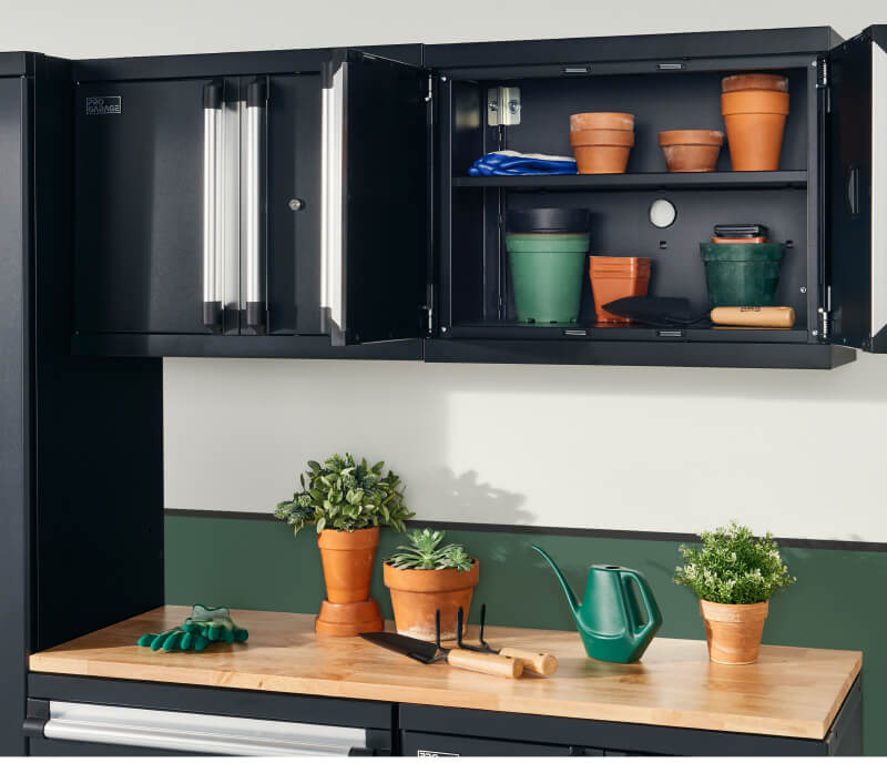 garage cabinets with gardening tools