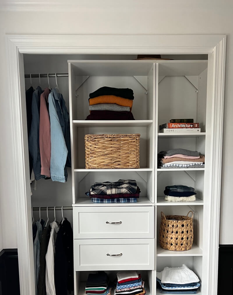 DIY wood storage system in reach-in closet