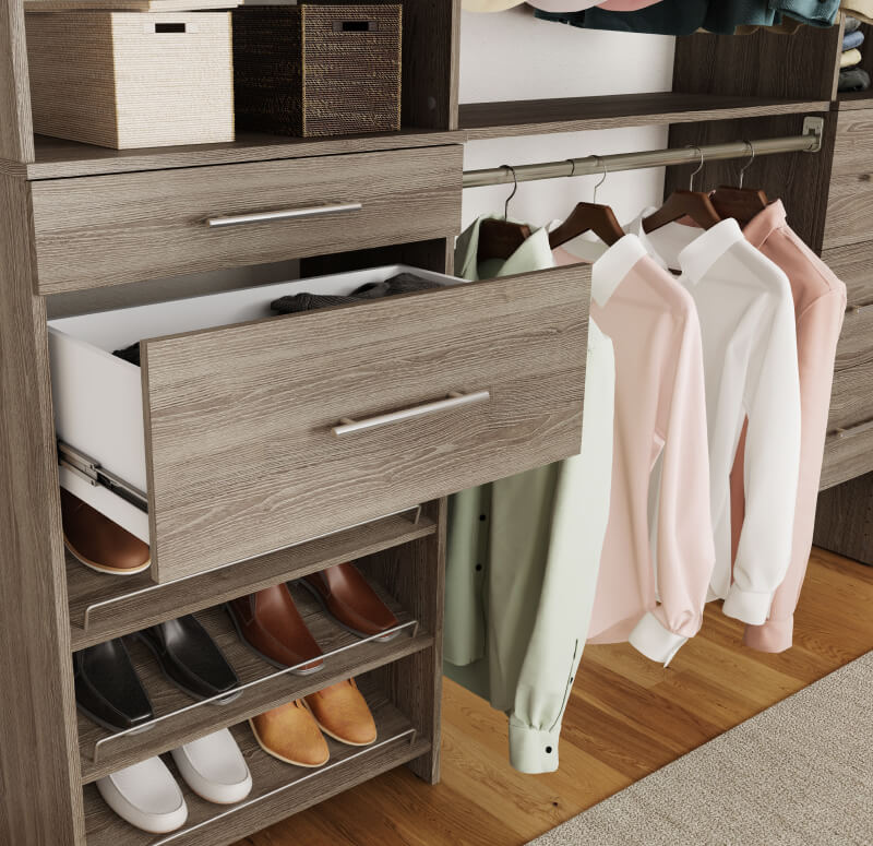 wood closet system with shoe rack