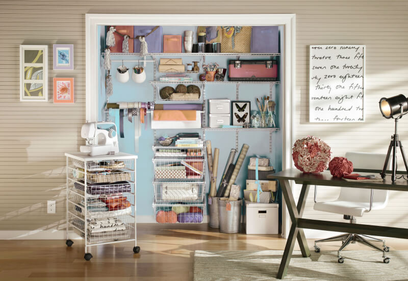 craft room with wire shelving