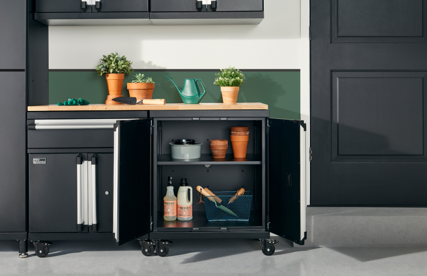 garage cabinets with garden supplies