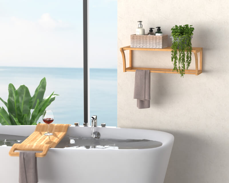 spa bathroom with bamboo storage