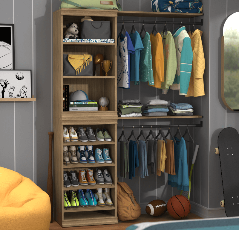 wood closet system in boy's bedroom